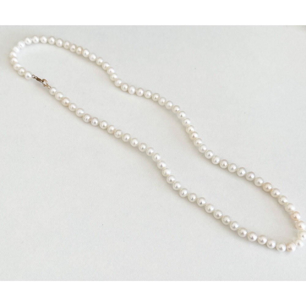 10K Solid Yellow Gold Clasp 5.5MM Cream Pearl Hand Knotted Vintage Necklace 18"